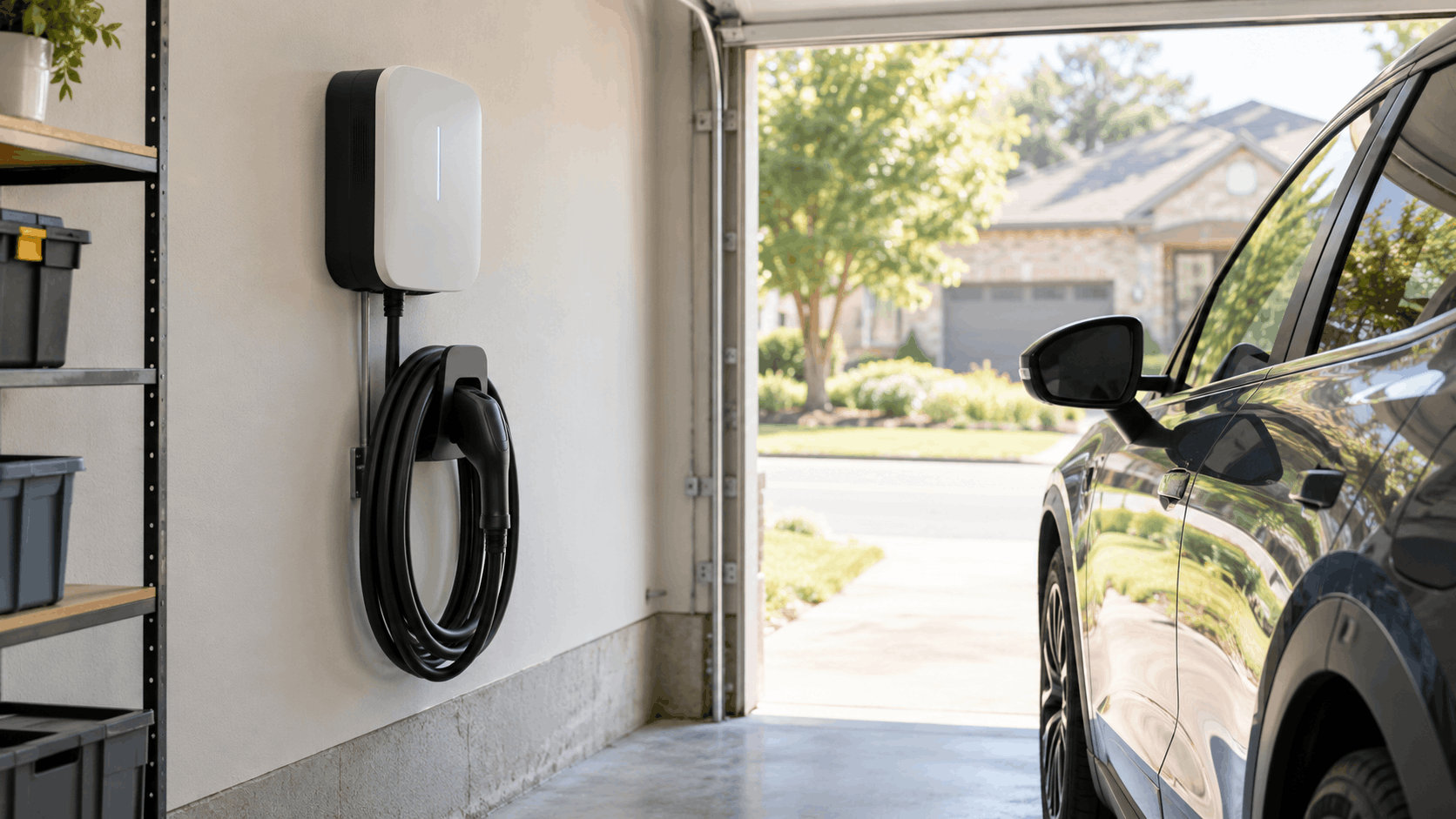 A Level 2 EV charger mounted on a garage wall with the cable coiled on its holster and a car parked
  on the drive