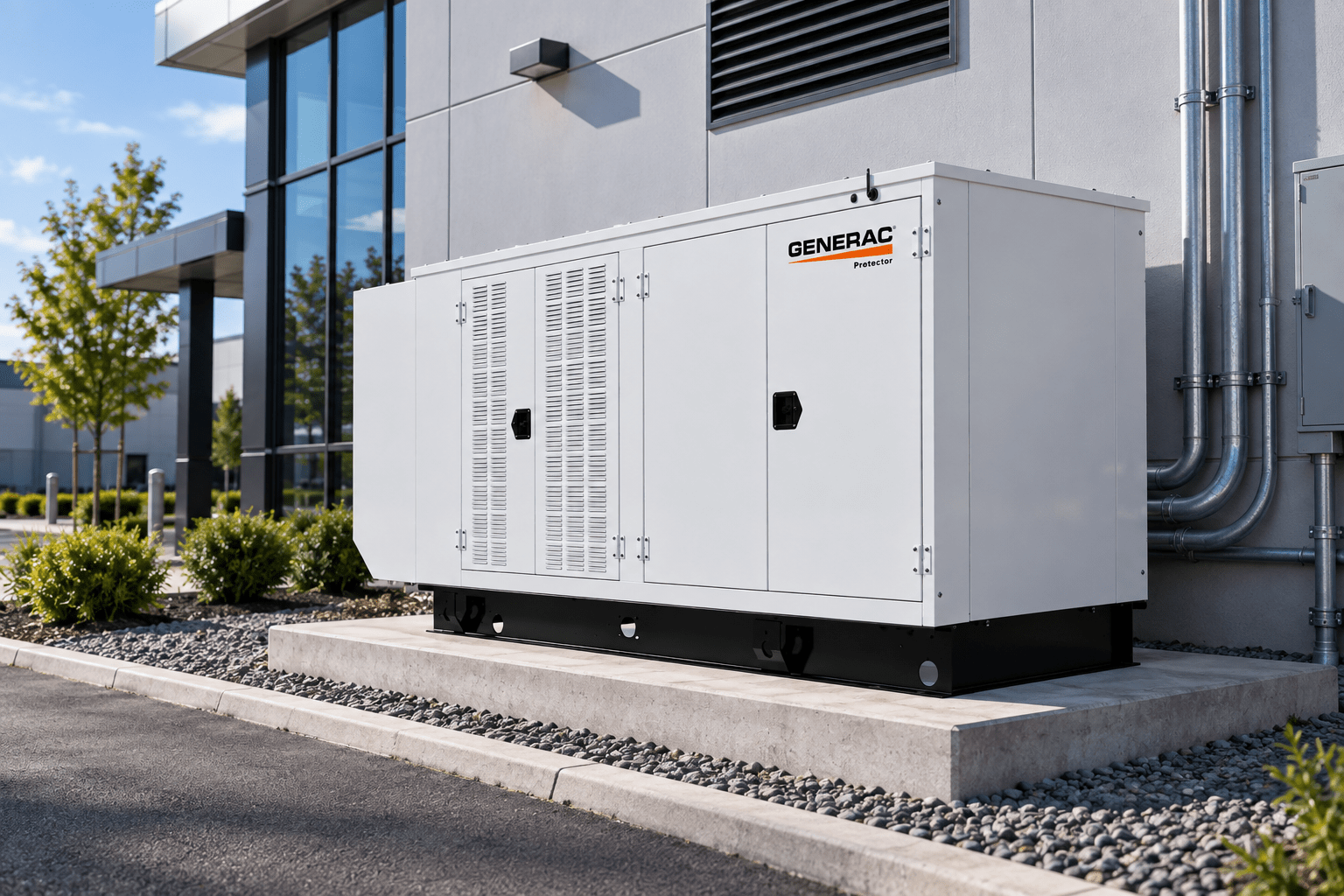 Generac Protector commercial standby generator outside a modern office building