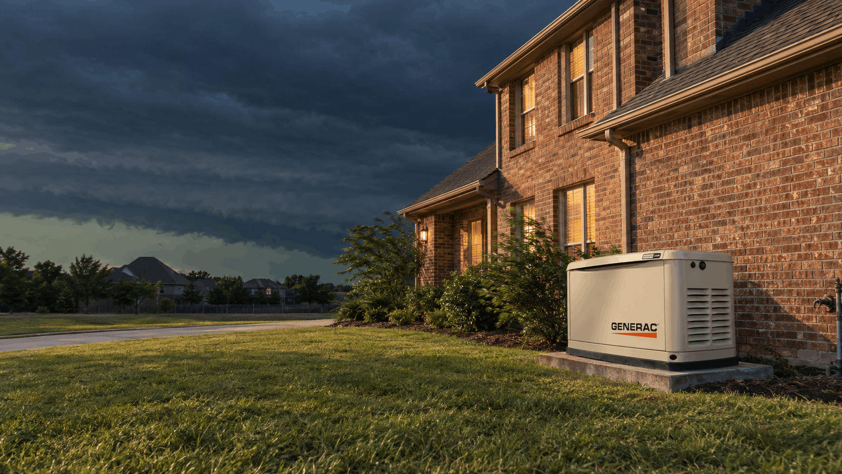 Standby generator installed beside a North Texas home as a storm approaches