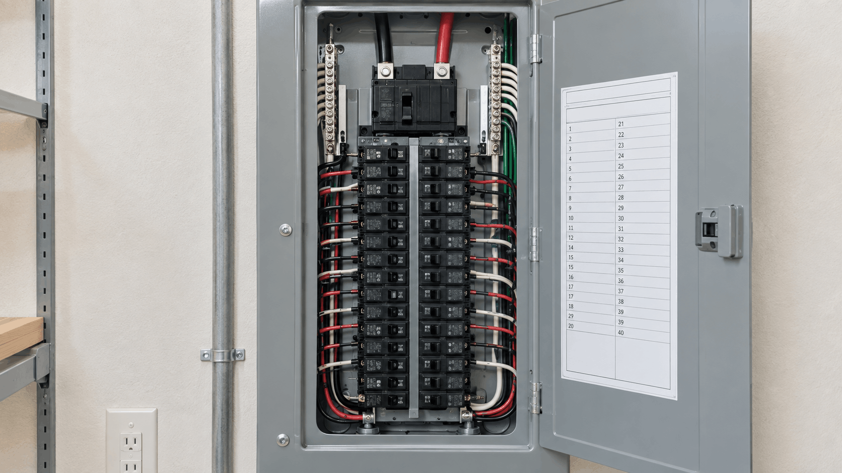 An open residential electrical panel with the dead front removed, showing breakers and dressed wiring