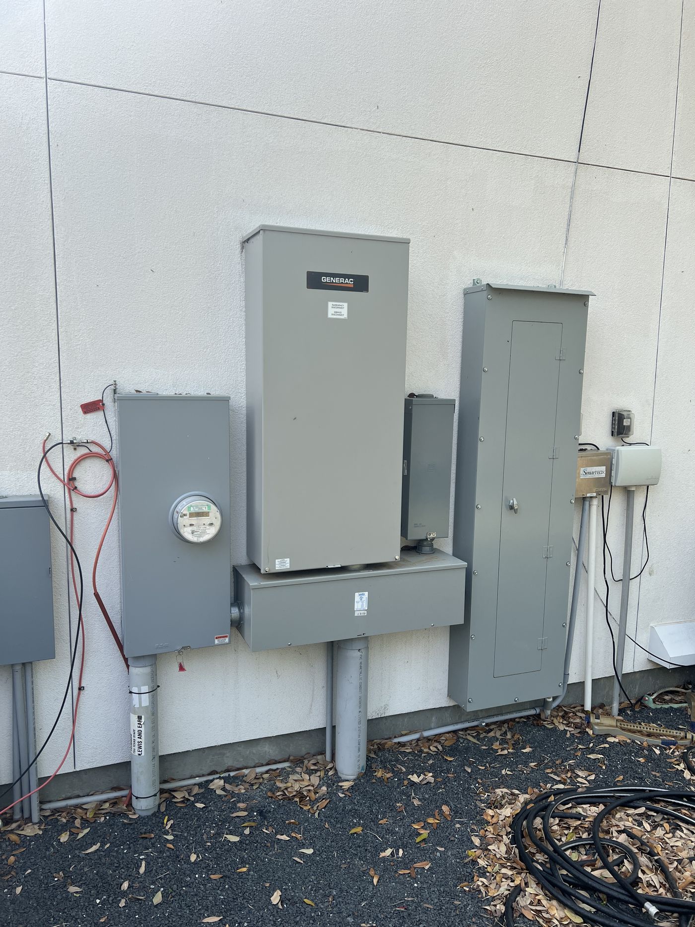 A Generac automatic transfer switch beside the electric meter and an outdoor load center